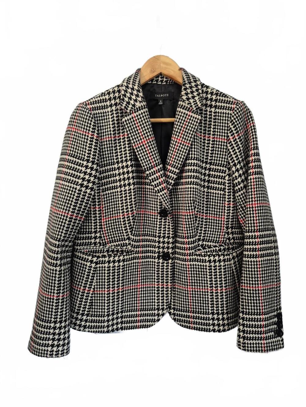 Talbots Women’s Wool Blend Houndstooth Plaid Blazer Cream Black Red Size 10